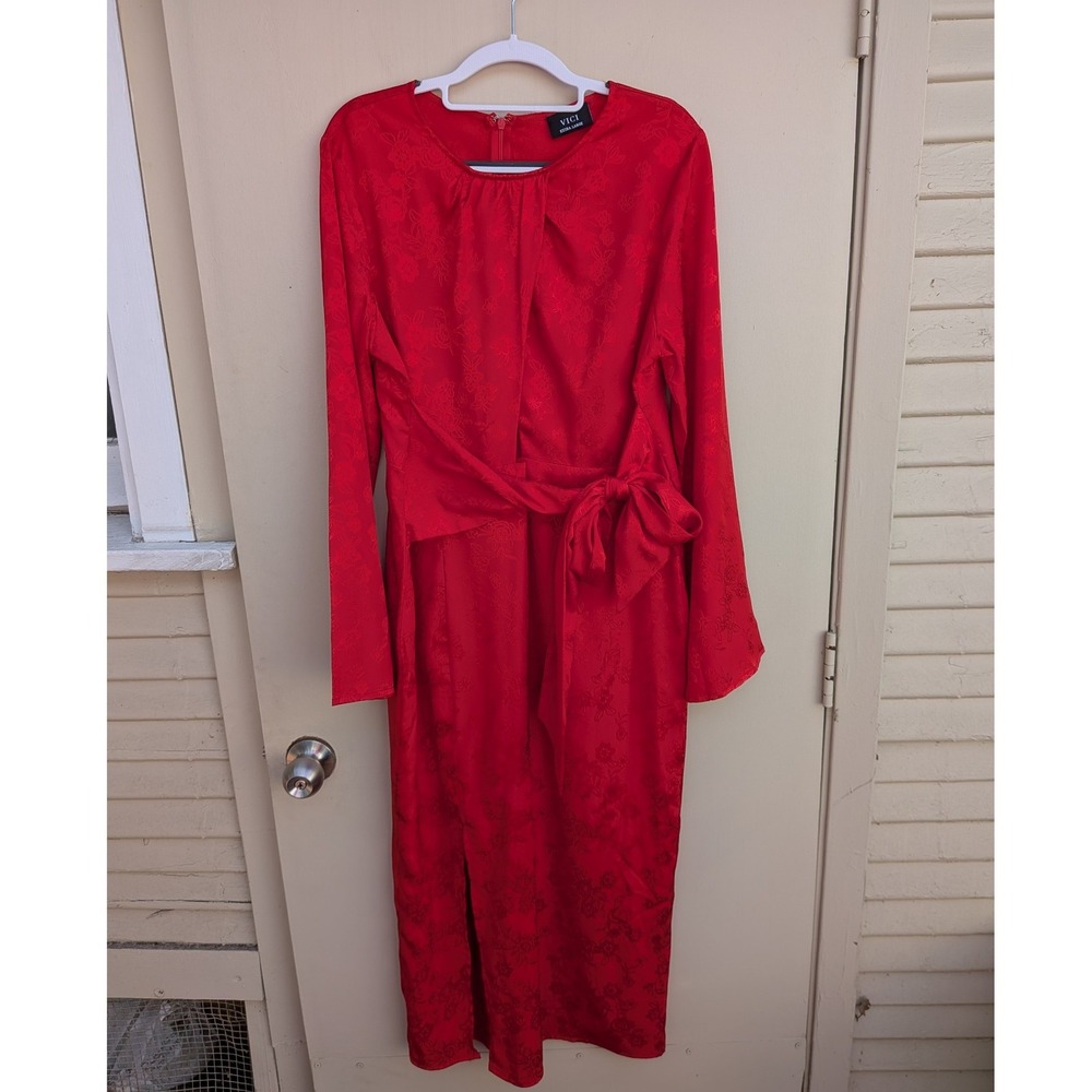 VICI Red Jacquard Floral Long Sleeve Midi Dress Tie Waist Slit XL